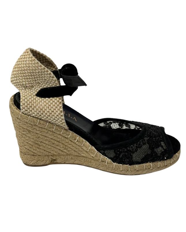 Le Silla Black Lace and Sequin Wedge Espadrilles