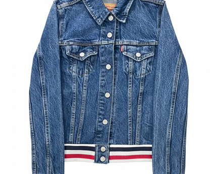 Levi's Blue Denim Trucker Jacket with Sporty Striped Ribbed Trim