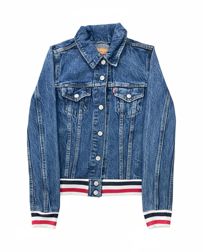 Levi's Blue Denim Trucker Jacket with Sporty Striped Ribbed Trim