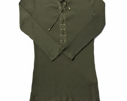 Lauren Ralph Lauren Olive Green Lace-Up Ribbed Long Sleeve Top
