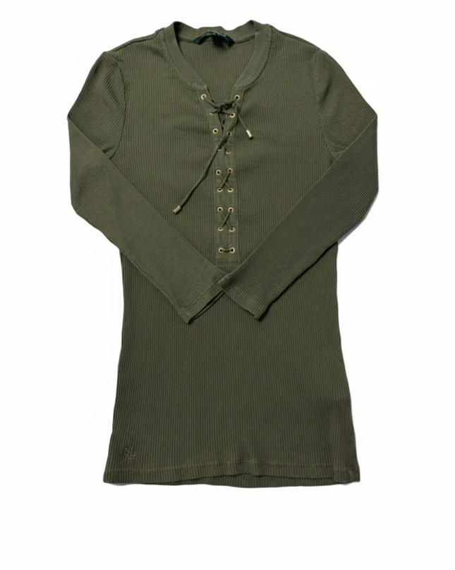 Lauren Ralph Lauren Olive Green Lace-Up Ribbed Long Sleeve Top