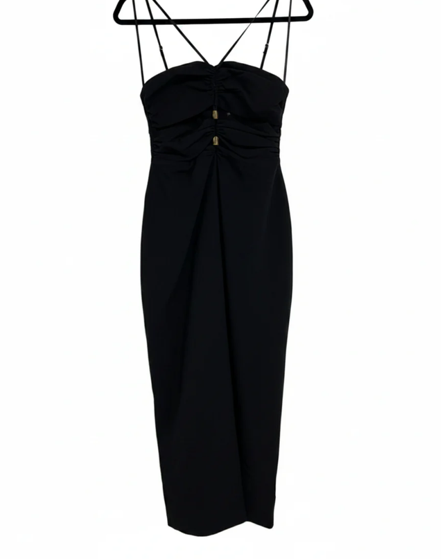 Zara Black Ruched Cut-Out Midi Dress