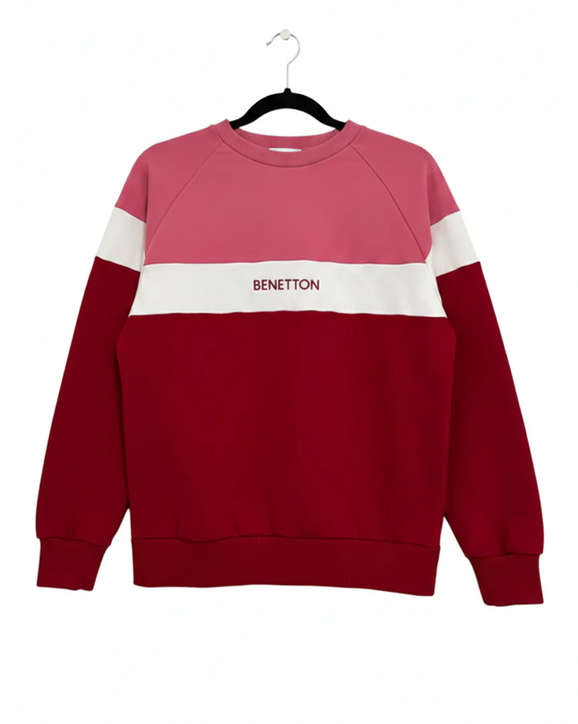 Benetton Red Tricolor Color-Block Raglan Sweatshirt
