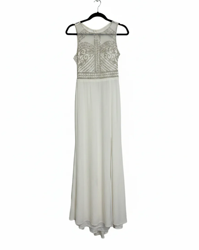 Morgan & Co. White Embellished Mesh Evening Gown