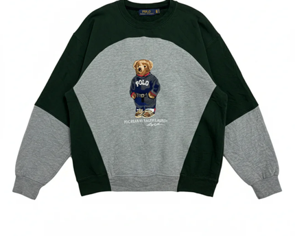 Reworked Polo Ralph Lauren Green and Grey Polo Bear Color-Blocked Sweatshirt