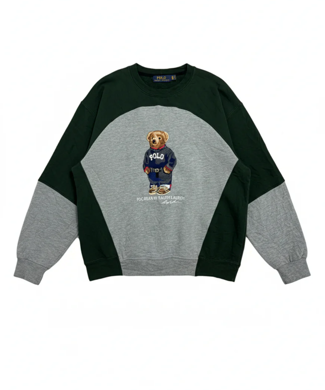 Reworked Polo Ralph Lauren Green and Grey Polo Bear Color-Blocked Sweatshirt