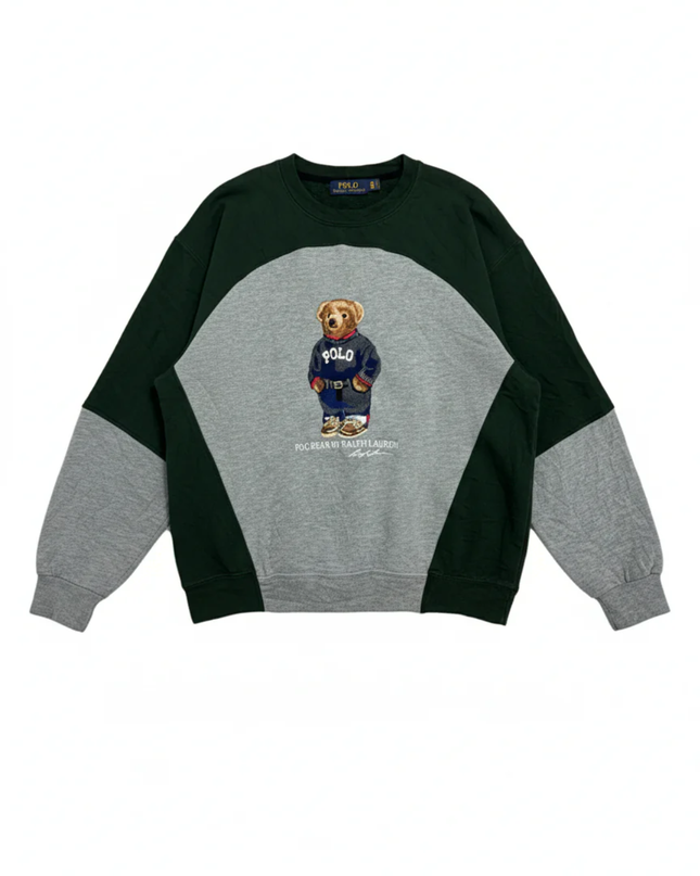Reworked Polo Ralph Lauren Green and Grey Polo Bear Color-Blocked Sweatshirt
