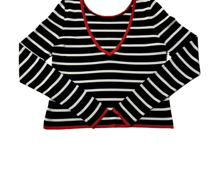 Zara Black and White Striped V-Neck Knit Sweater with Red Trim