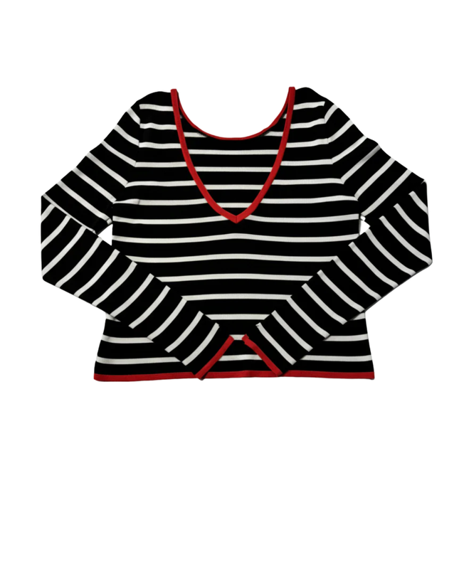 Zara Black and White Striped V-Neck Knit Sweater with Red Trim