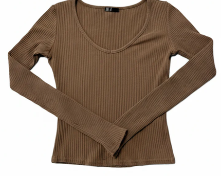 Ria Maria Brown Ribbed V-Neck Long Sleeve Top