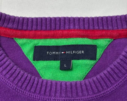Tommy Hilfiger Purple and White Striped Crewneck Knit Sweater