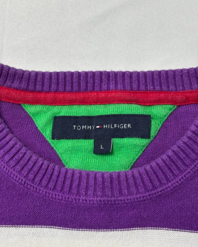 Tommy Hilfiger Purple and White Striped Crewneck Knit Sweater