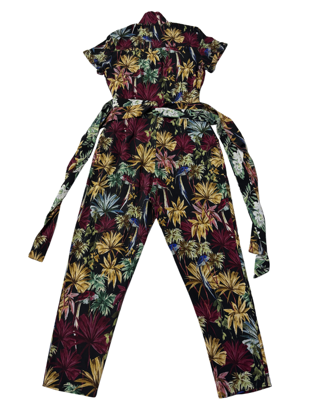Zara Black Floral Short Sleeve Belted Jumpsuit