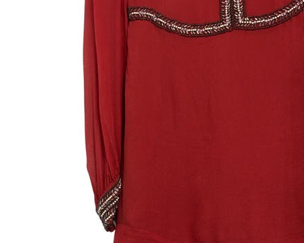 French Connection Red Silk Beaded V-Neck Mini Dress
