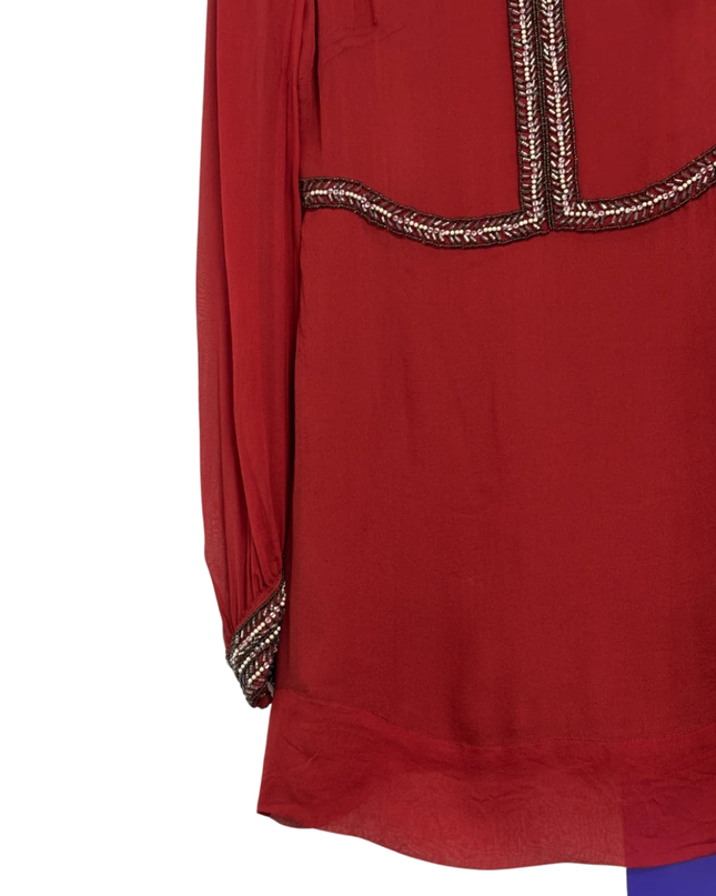 French Connection Red Silk Beaded V-Neck Mini Dress