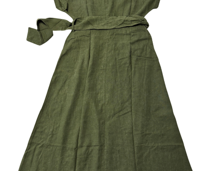 Zara Olive Green Belted Linen-Blend Midi Shirt Dress