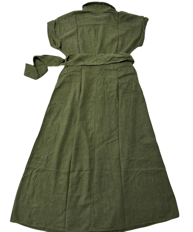 Zara Olive Green Belted Linen-Blend Midi Shirt Dress