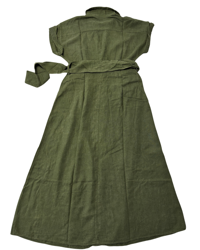 Zara Olive Green Belted Linen-Blend Midi Shirt Dress