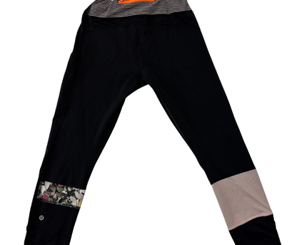 Lululemon Black Mixed-Media Performance Leggings with Floral Accents