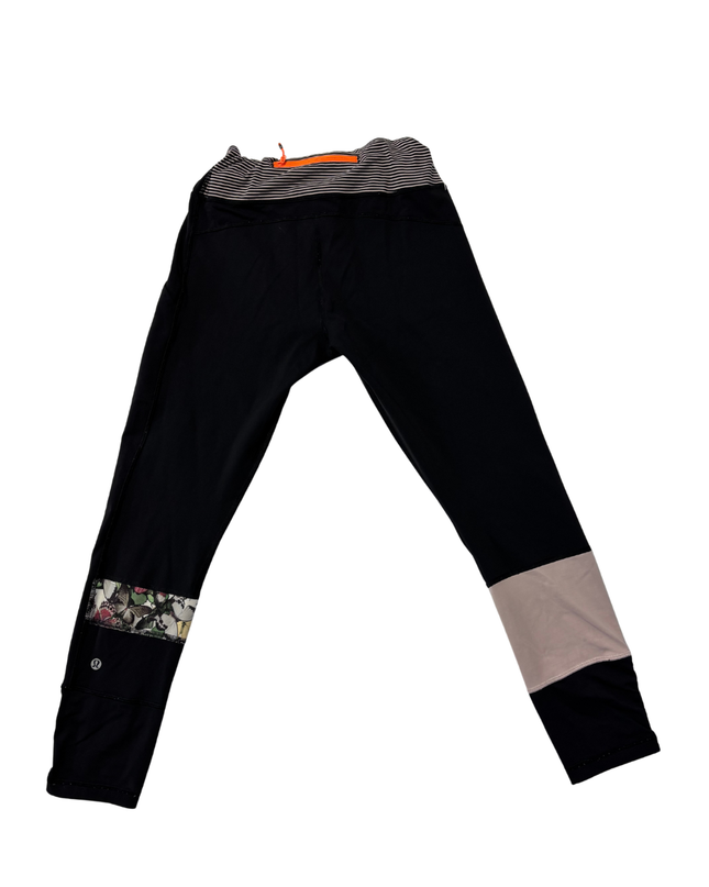 Lululemon Black Mixed-Media Performance Leggings with Floral Accents
