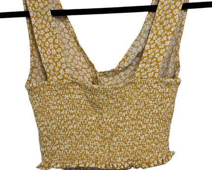 American Eagle Yellow Floral Smocked Button-Up Crop Top