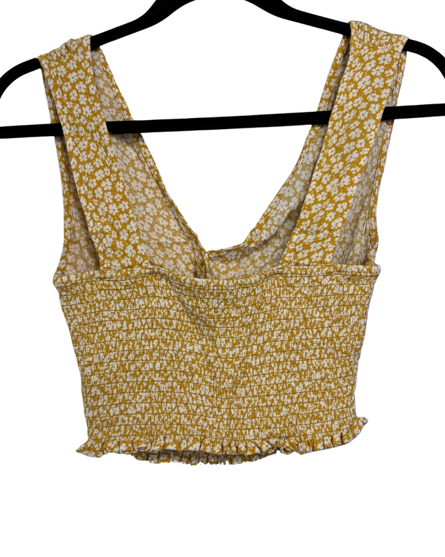 American Eagle Yellow Floral Smocked Button-Up Crop Top