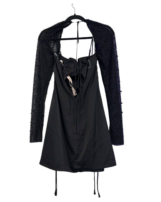 Oh Polly Black Satin Bustier Mini Dress with Beaded Mesh Shrug