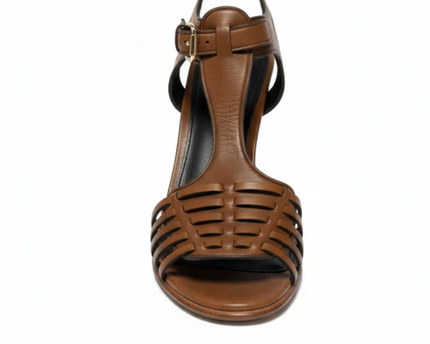Coach Brown Izzy Leather Woven T-Strap Stiletto Sandals