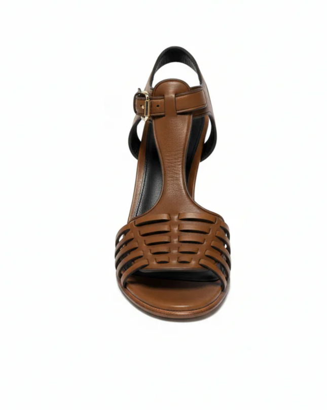 Coach Brown Izzy Leather Woven T-Strap Stiletto Sandals