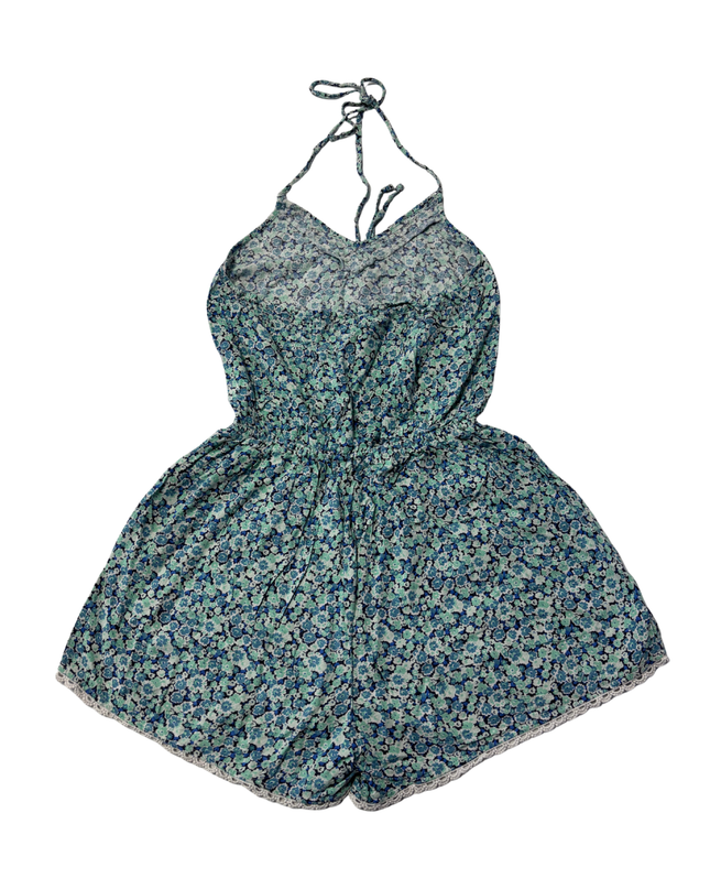 Hollister Blue Floral Halter Neck Lace Trim Romper