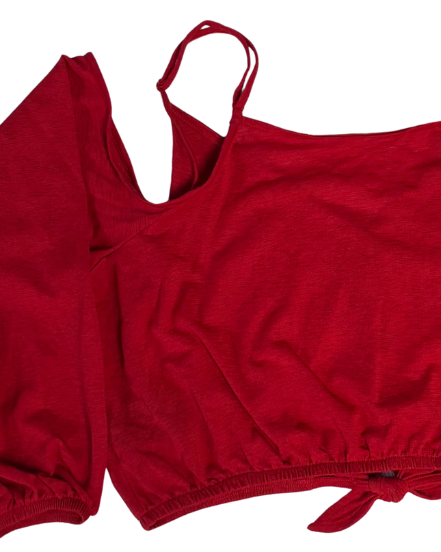 Divided Red Cold Shoulder Button-Front Tie-Hem Crop Top