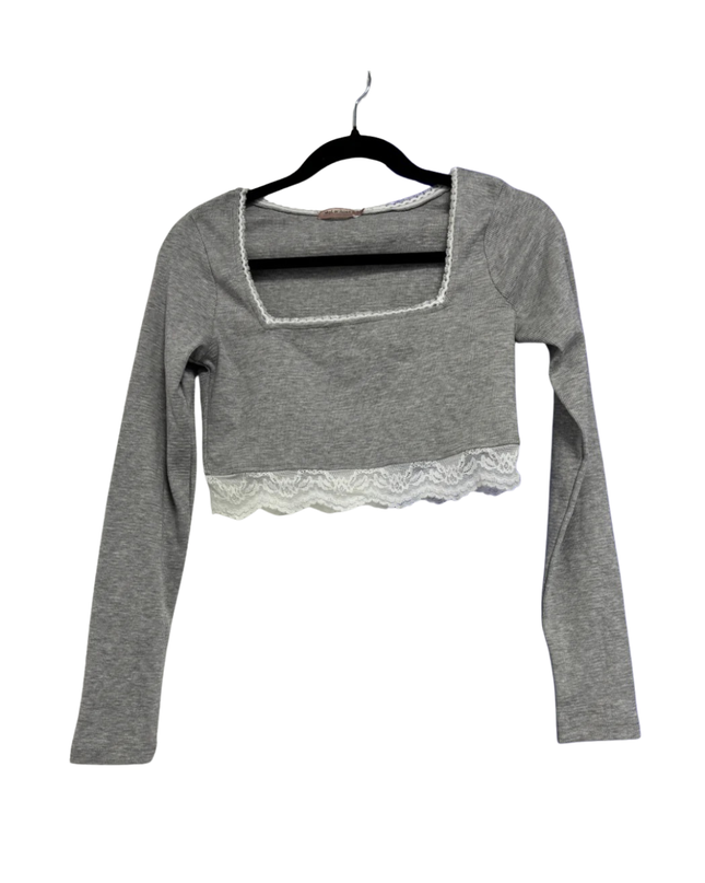 Skylar Rose Grey Ribbed Lace Trim Crop Top W/Tags