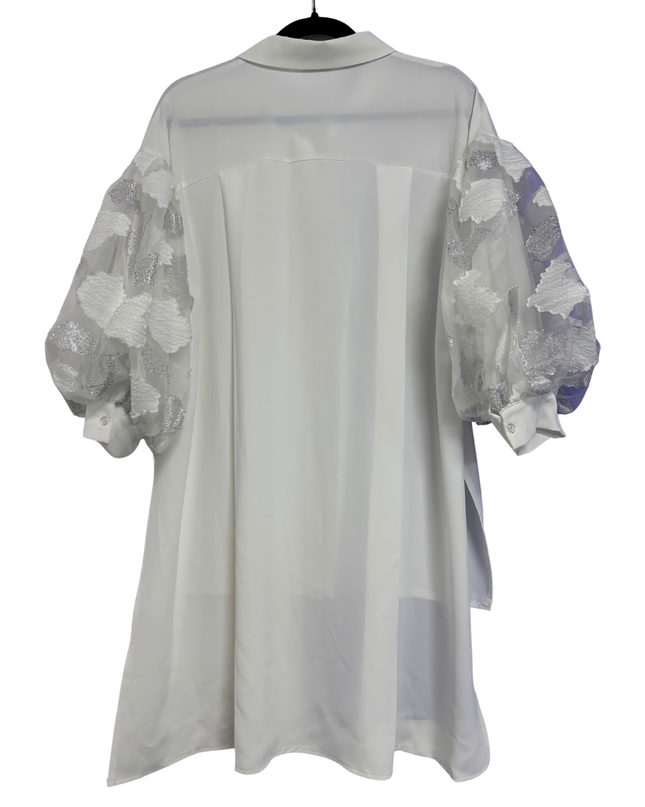 Anotah White Layered Blouse with Textured Statement Puff Sleeves
