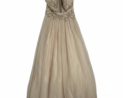 Betsy & Adam Champagne Embellished Halter Neck Gown