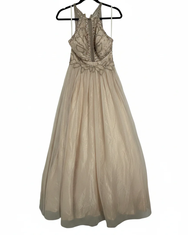 Betsy & Adam Champagne Embellished Halter Neck Gown
