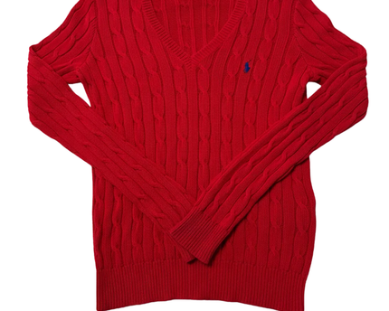 Ralph Lauren Red Cable Knit V-Neck Sweater