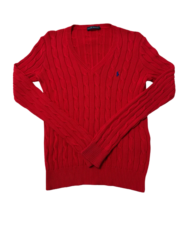 Ralph Lauren Red Cable Knit V-Neck Sweater