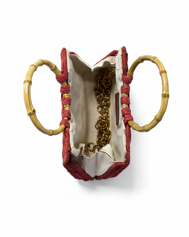 ZARA Red Woven Basket Bag with Bamboo Handles