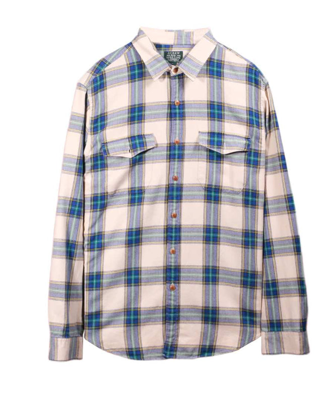 J.Crew Sporting Goods Beige Blue Plaid Flannel Button-Down Shirt - L