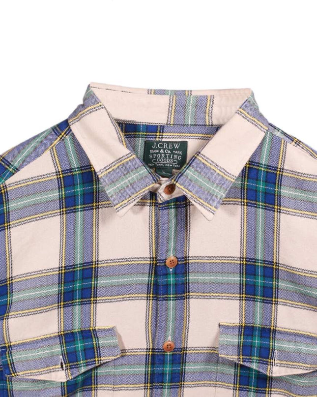 J.Crew Sporting Goods Beige Blue Plaid Flannel Button-Down Shirt - L