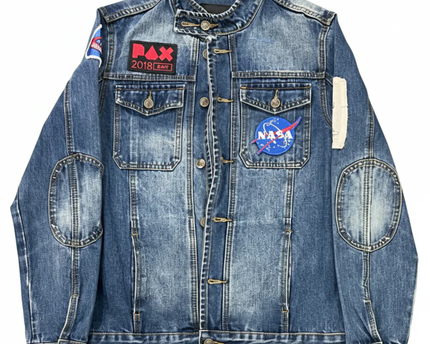 Idopy Blue Distressed Denim Jacket with NASA and PAX Patches