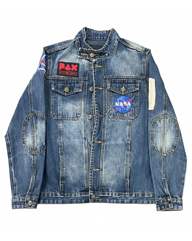 Idopy Blue Distressed Denim Jacket with NASA and PAX Patches