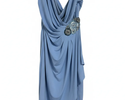 Calvin Klein Blue V-Neck Draped Midi Dress with Sequin Floral Accent