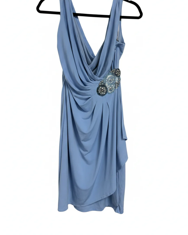 Calvin Klein Blue V-Neck Draped Midi Dress with Sequin Floral Accent