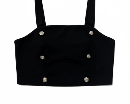 Reserved Black Square Neck Rose Button Crop Top W/Tags