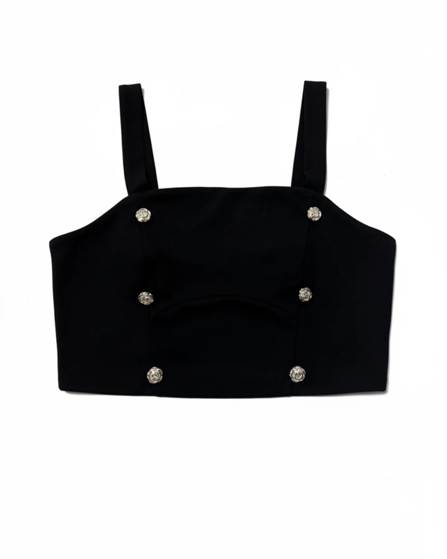 Reserved Black Square Neck Rose Button Crop Top W/Tags