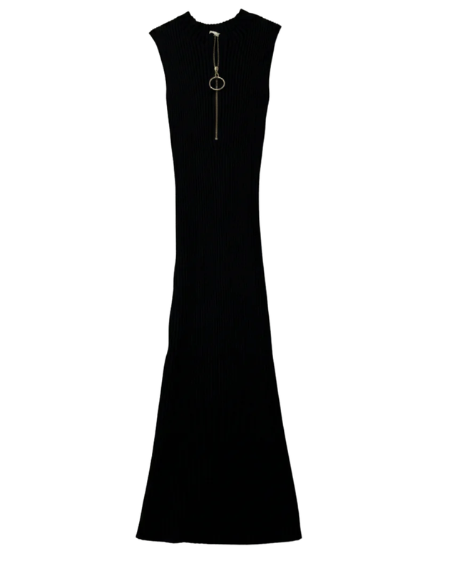 Maje Black Ribbed Zip-Neck Sleeveless Midi Dress