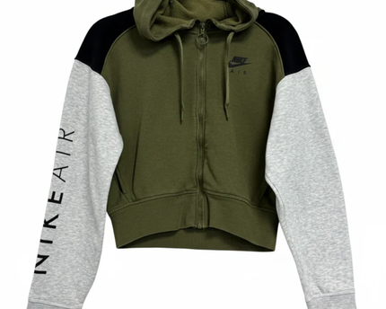Nike Olive Green Cropped Color-Block Zip-Up Hoodie