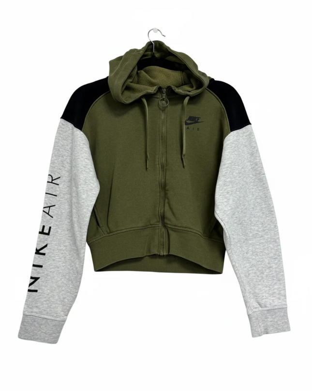 Nike Olive Green Cropped Color-Block Zip-Up Hoodie