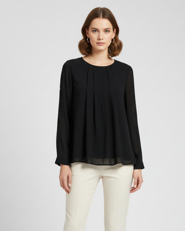 Calvin Klein Pleated Front Black Sheer Long Sleeve Blouse